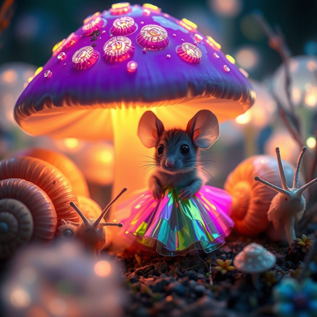 Mouse in Bioluminescent Forest with Giant Snails