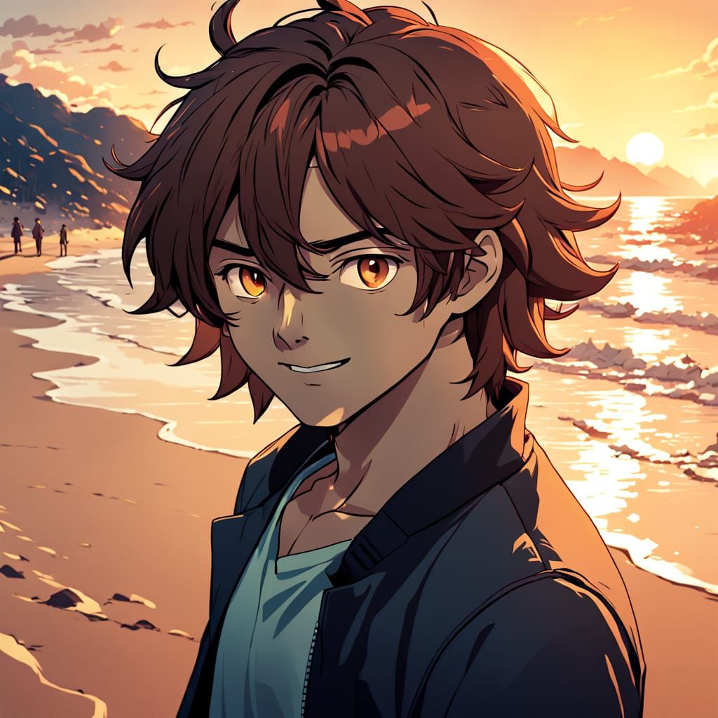 Charming Anime Hero Basks in Sunset Glory