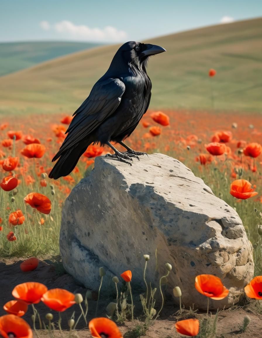 Raven on Stone in Poppy Field, Hyperdetailed