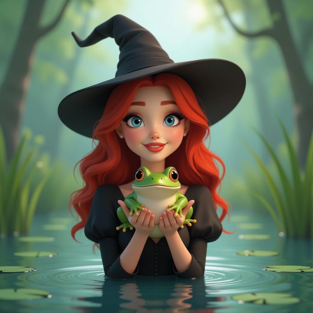 Whimsical Witch with Surprised Frog in 3D Art