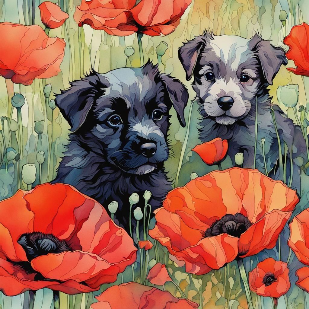 Puppies and Poppies: Botanical Ink and Watercolor Art