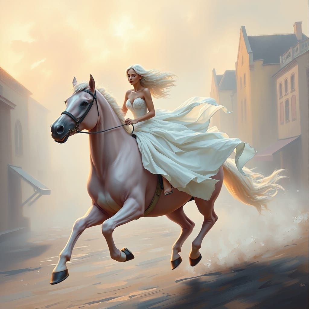 Fantasy Woman on Pink Horse at Sunrise