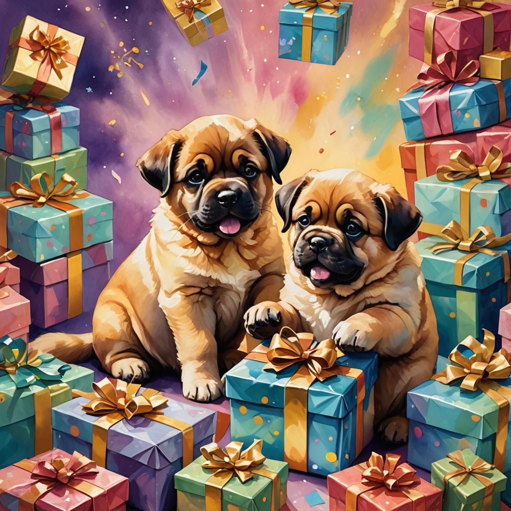 Puppies Open Birthday Gifts in Whimsical Fantasy Art