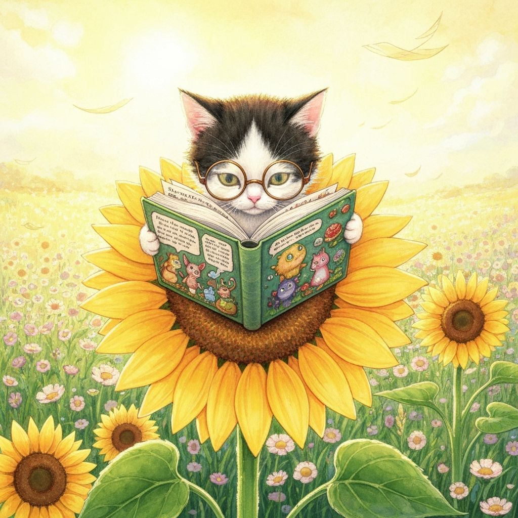 Kitten Reading Book on Sunflower, Watercolor Style