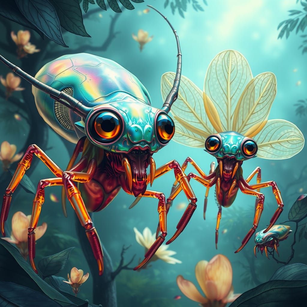 Exquisite, Iridescent Alien Beings in a Dense, Misty Exoplan...