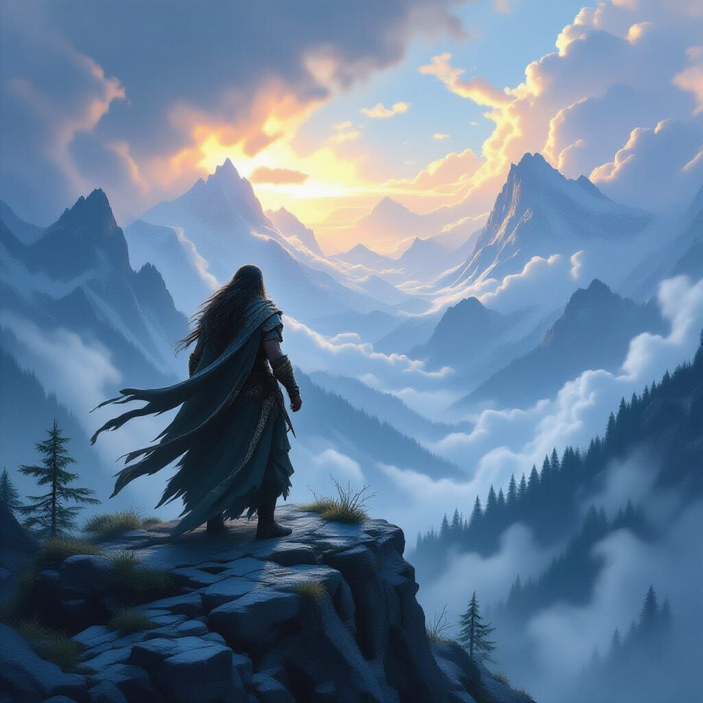 Epic Druid Shaman on Mountain Peak Overlooking Ancient Fores...