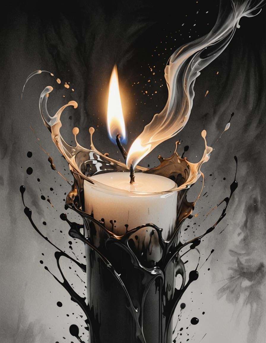 Dramatic Candle Flame in Modern Ink Painting Style