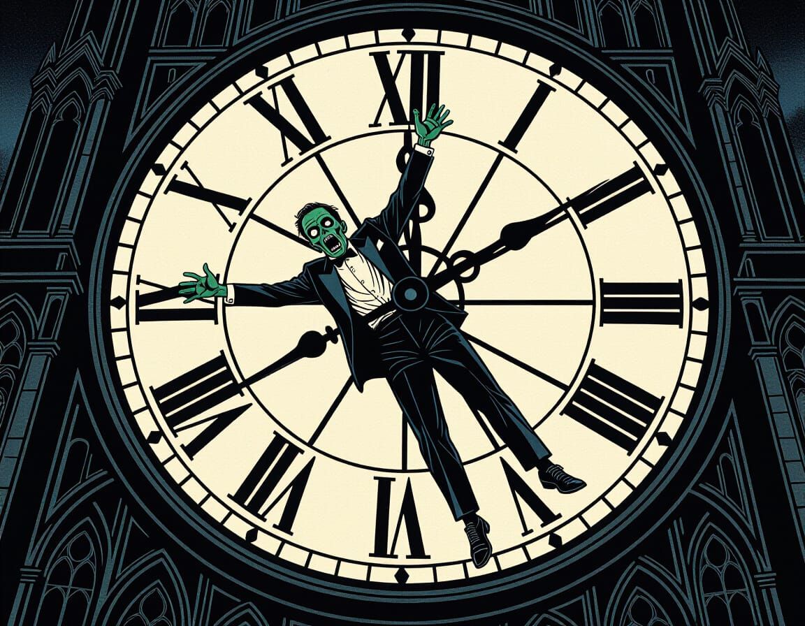 Terrified Zombie on Clock Hand in Hitchcock Style