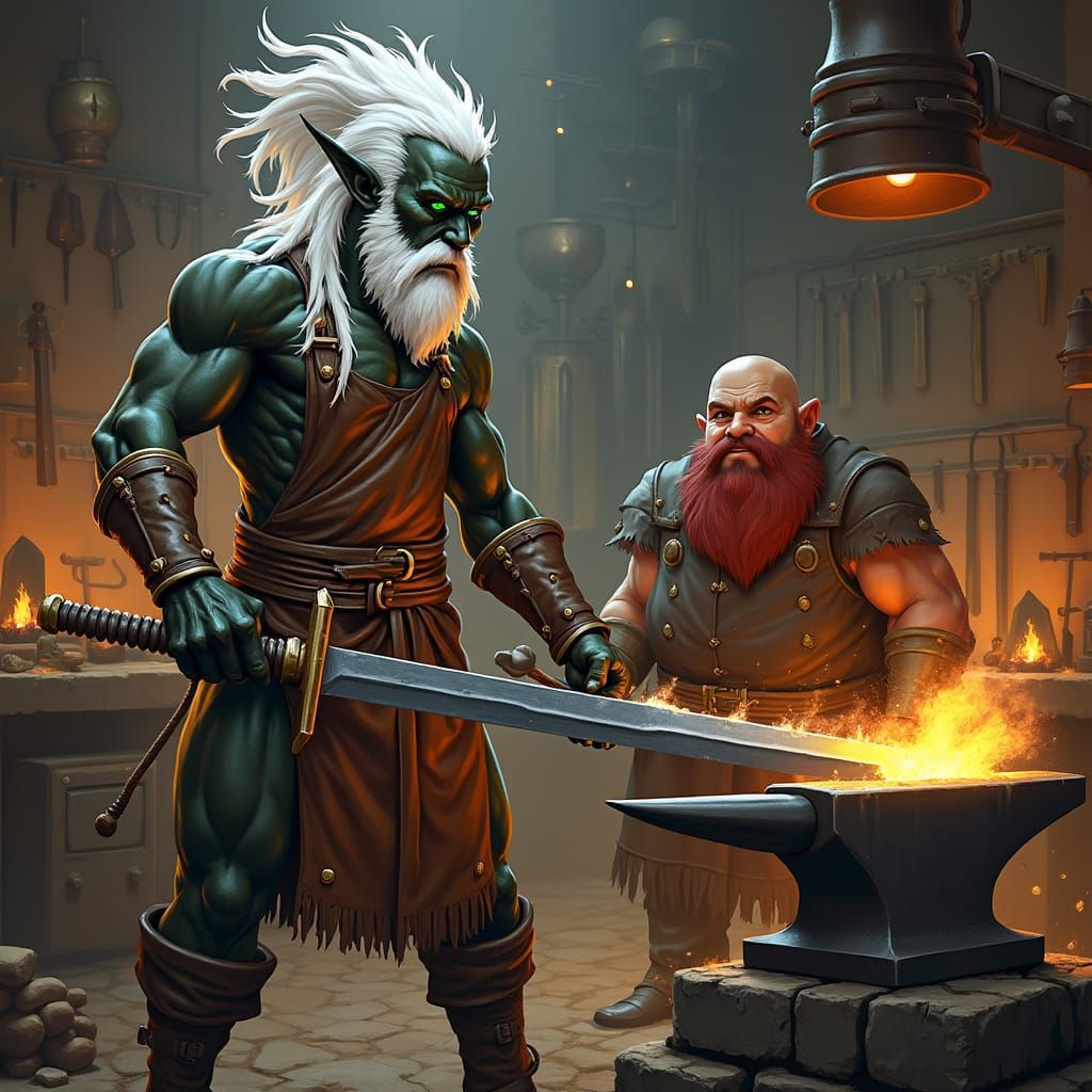High Elf Blacksmith Forging Sword in Workshop