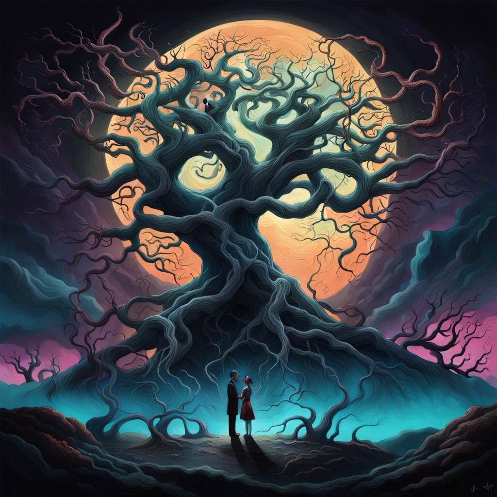 Ethereal Gothic Romance beneath a Twisted Tree