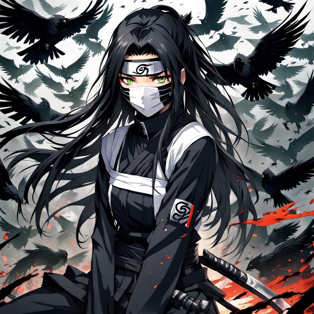 Anime Ninja Girl with Crows in Manga Style