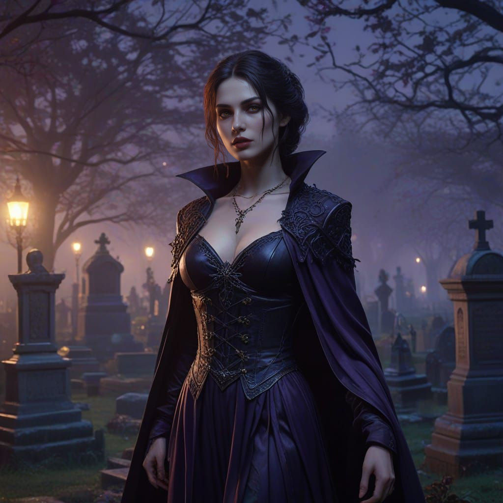 Ethereal Vampire Goddess in a Mysterious Cemetery