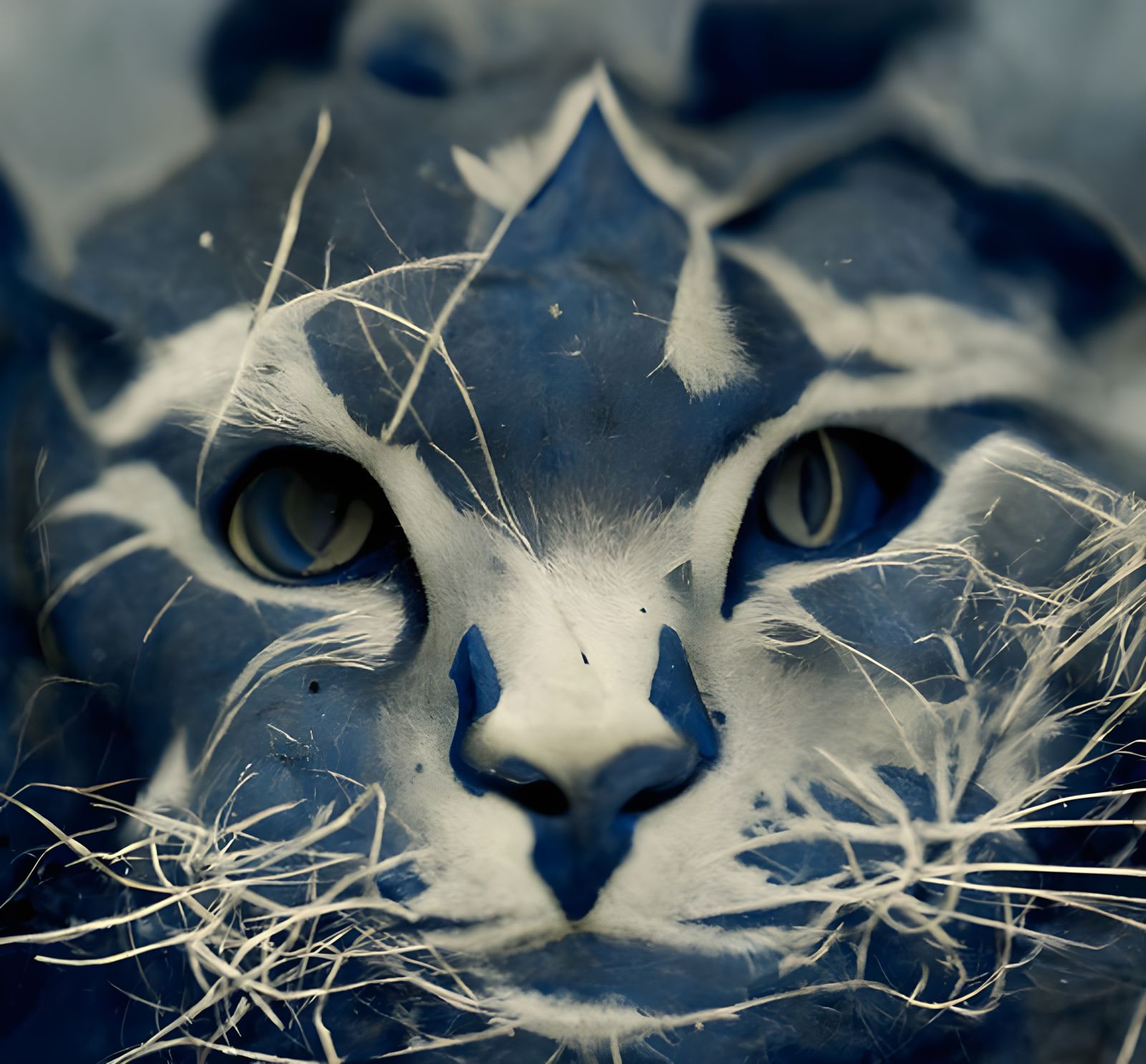 Detailed Cat Face in Cyanotype Style