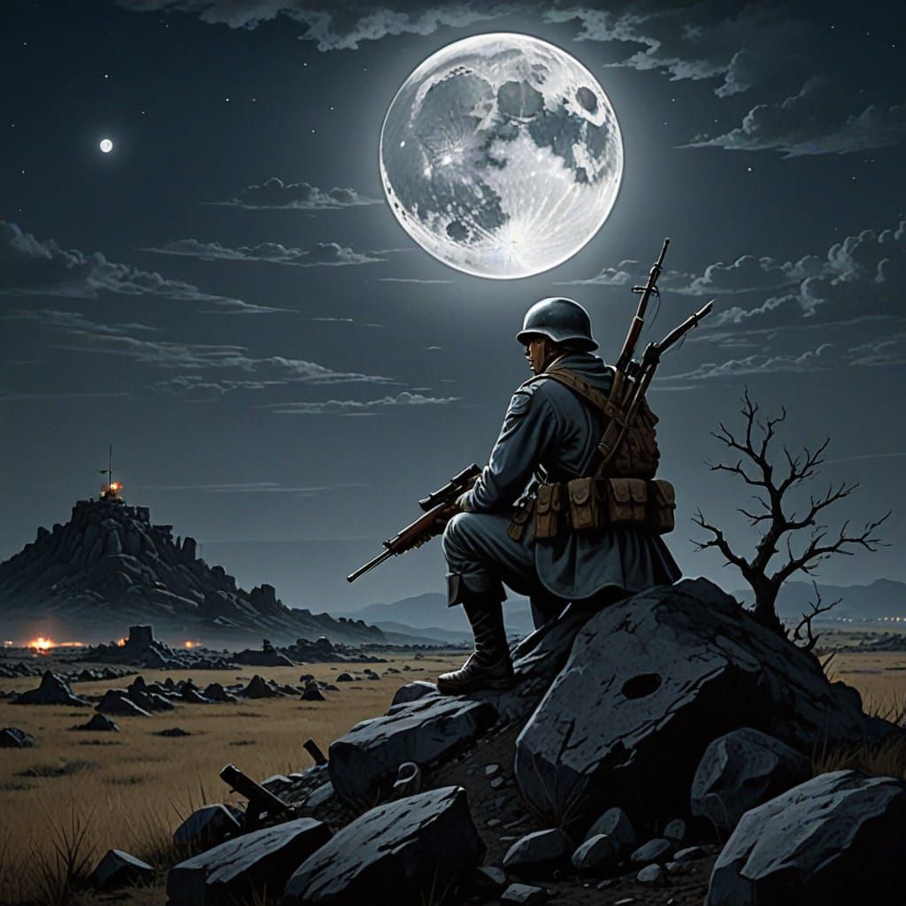Private Ponders War's Futility on Moonlit Battlefield