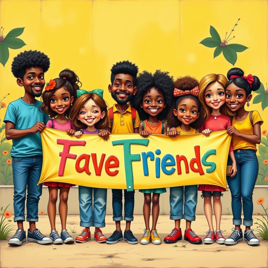 Diverse Friends Hold "Fave Friends" Banner in Lively Outdoor...