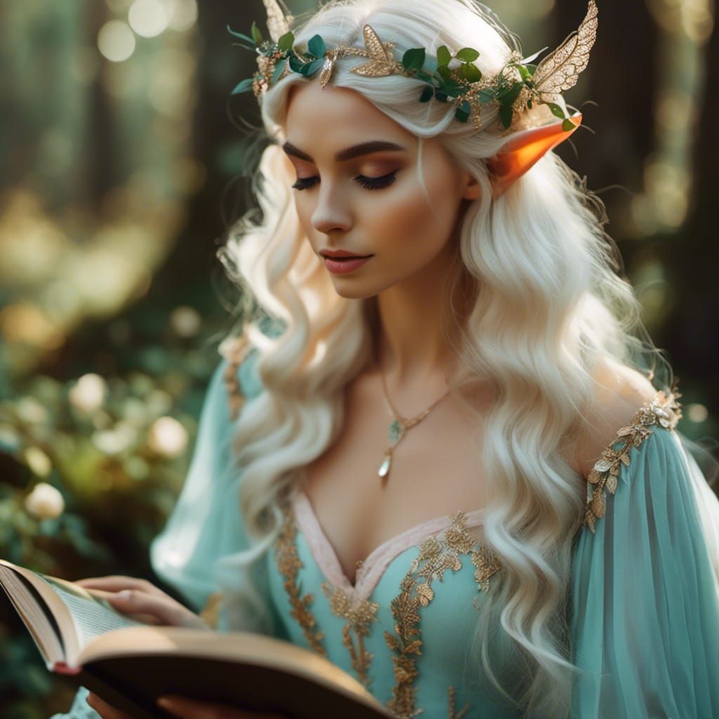 close up  portrait An elf girl <lora:Elf Style:1.0> reading ...