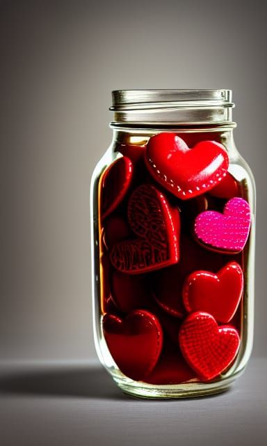 Jar Overflowing with Stylized Hearts: Photorealistic Image