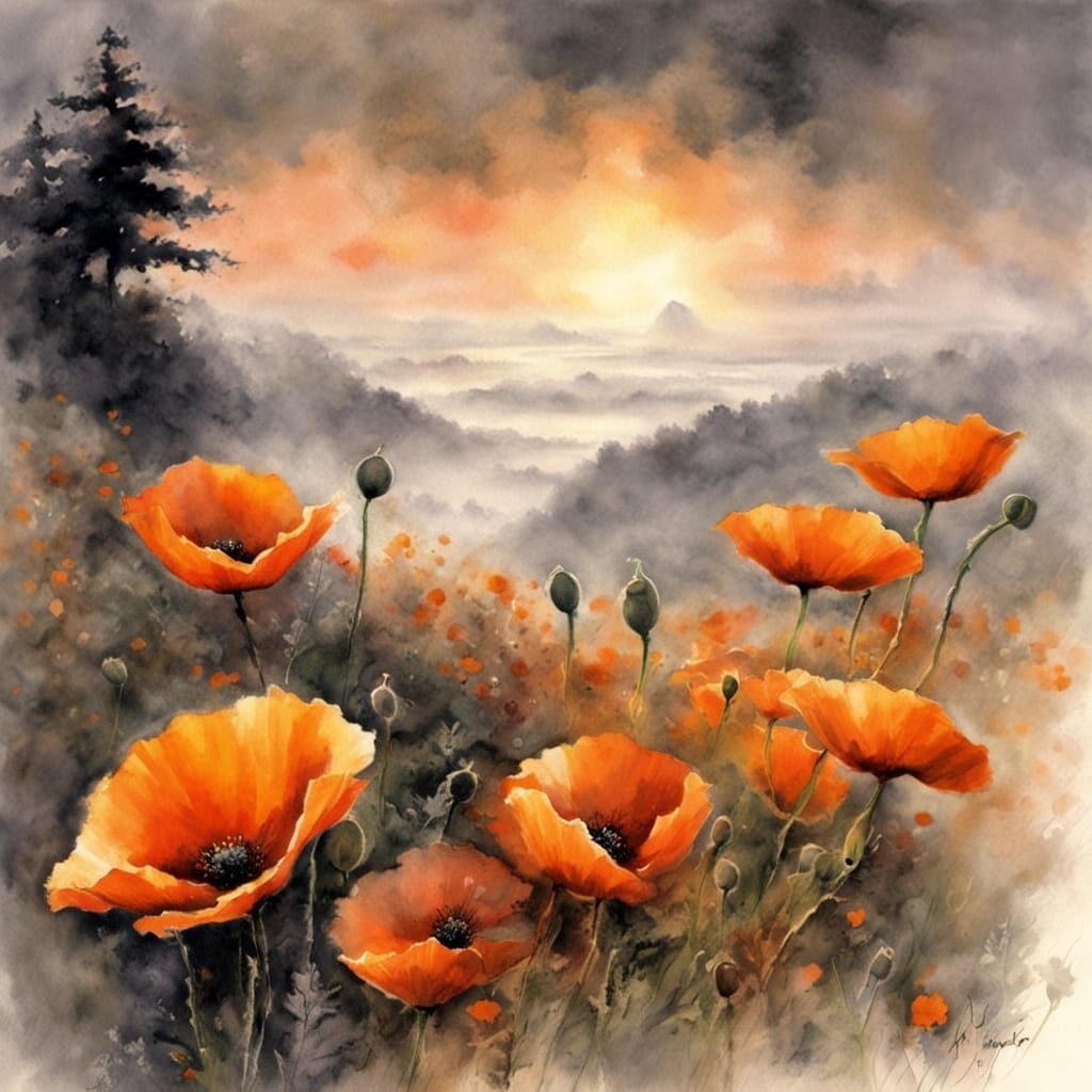 Orange Poppies in Morning Mist - Sumi-e Style