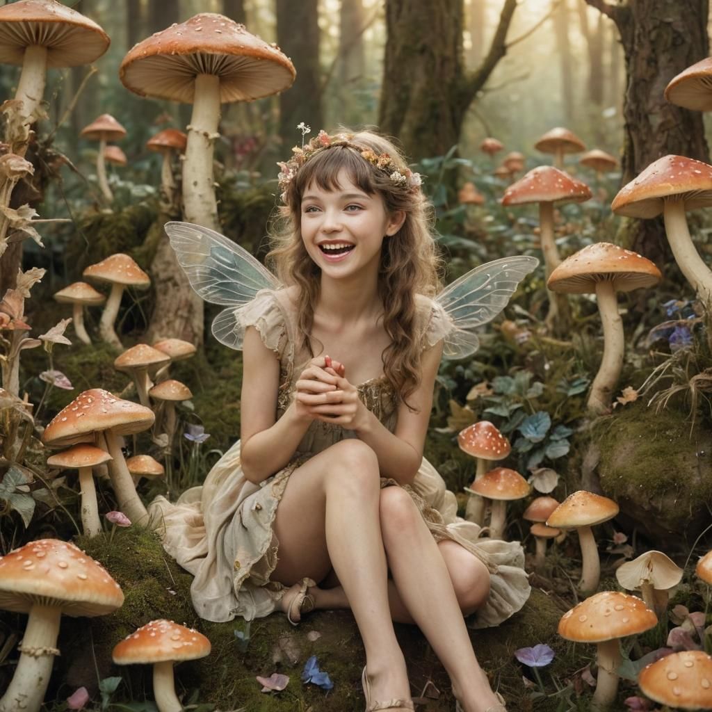 Laughing Fairy in Toadstool Forest, Surreal Macro Photograph...