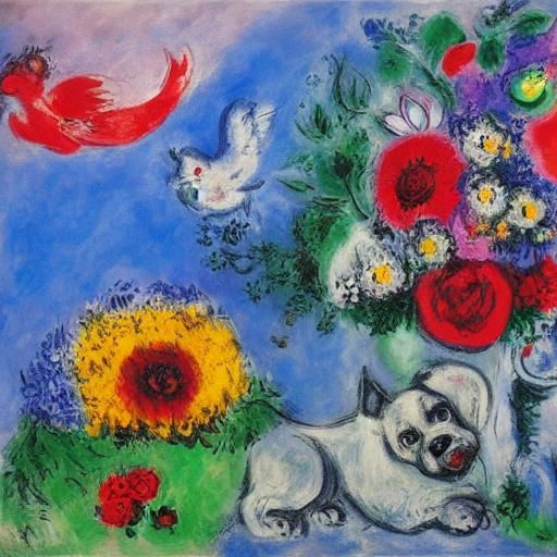 Dog with Flowers in Impressionistic Street Art