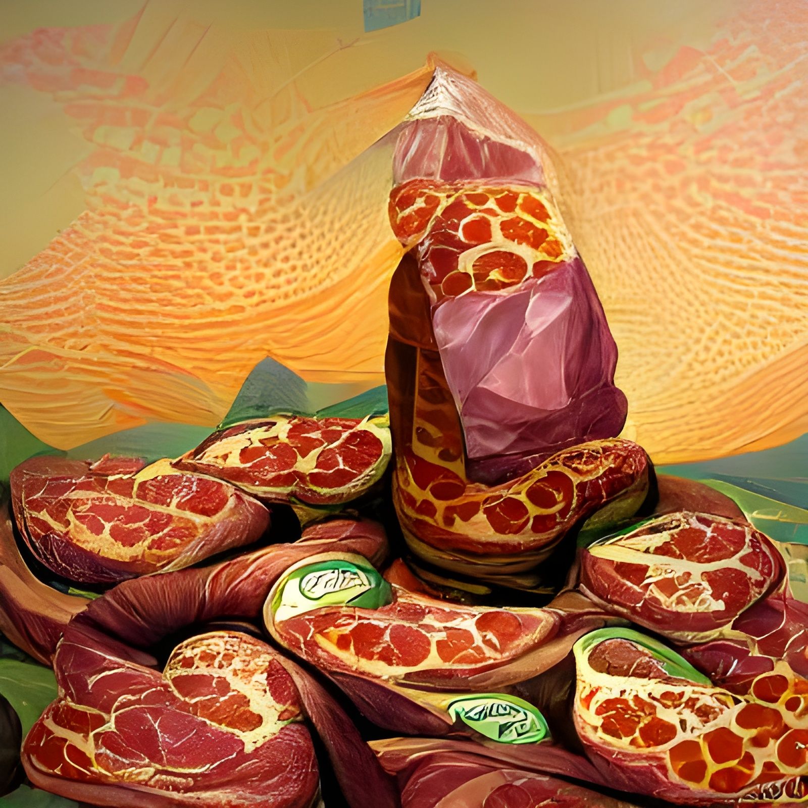 Pizza Mountain Expedition: A Hyperrealistic Oil Painting