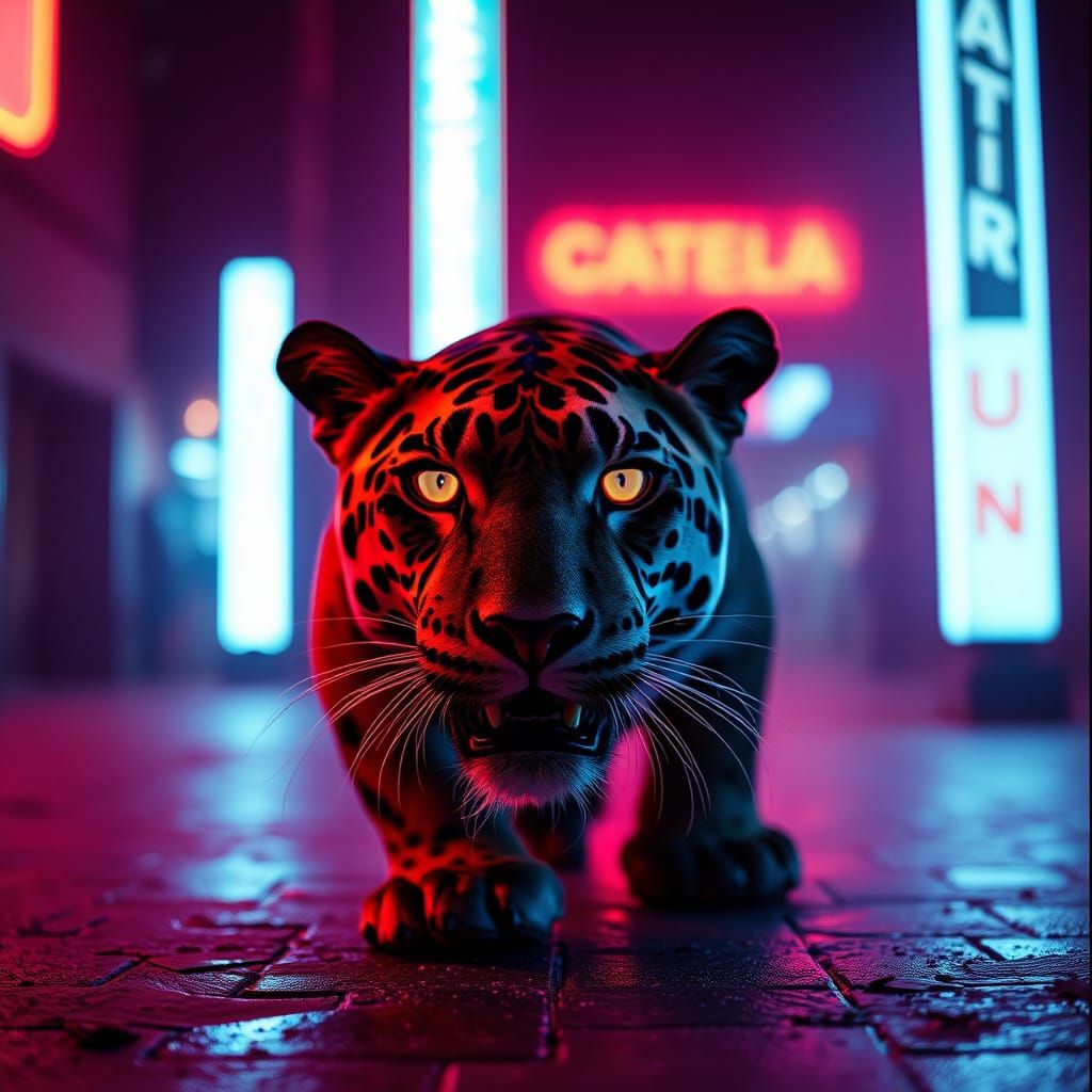 Neon Jaguar Through Grey Leaves: Cinematic Film Still