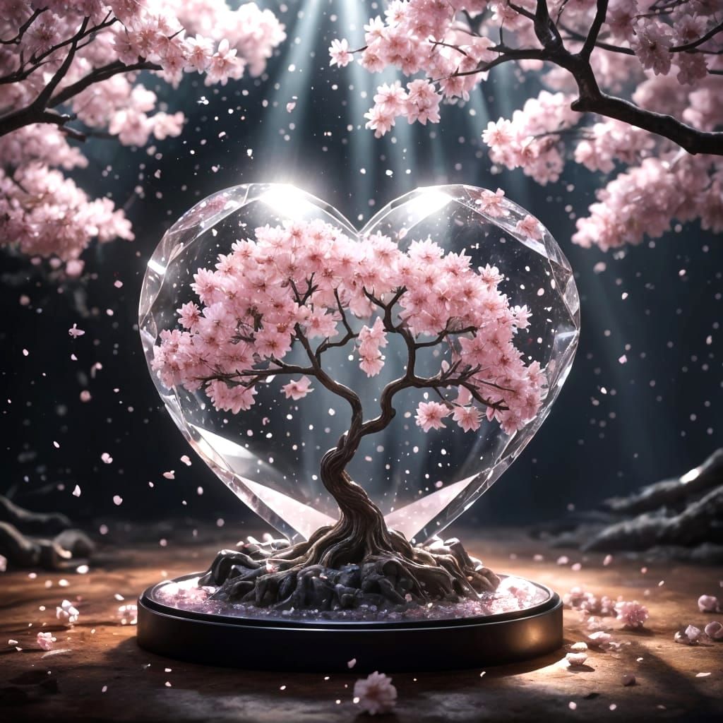 Crystal Heart with Sakura Tree: Chiaroscuro CGI