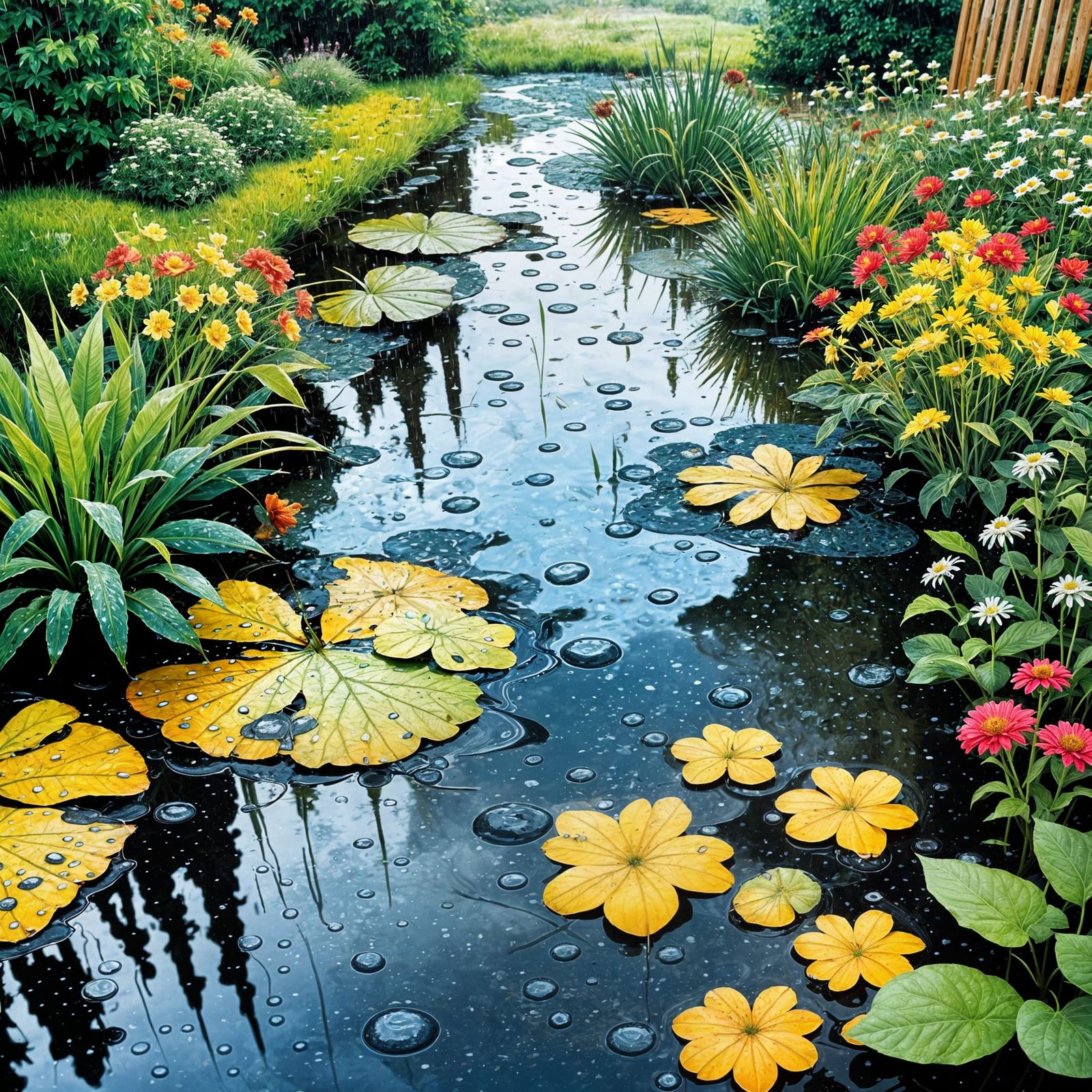 Rain Puddles Reflecting Late Summer Garden