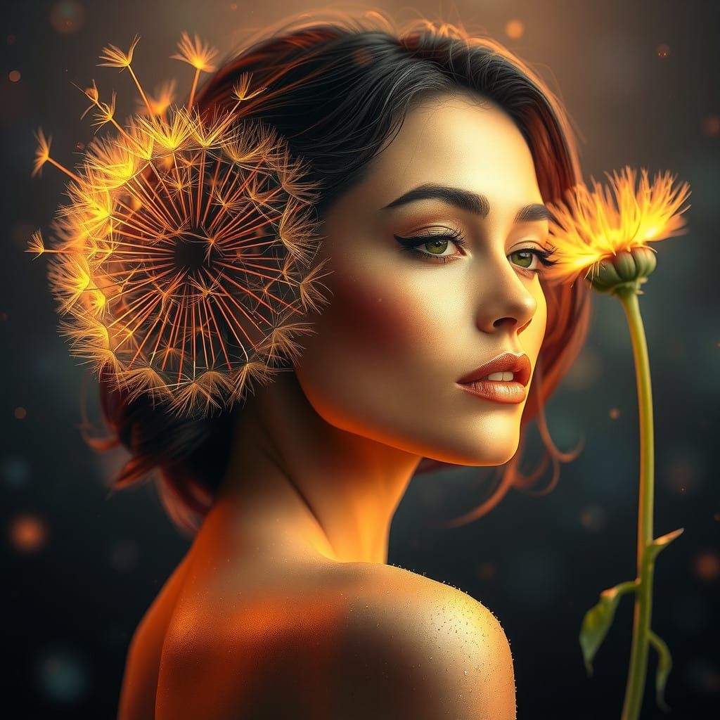 Hyper-Realistic Goddess Amidst Whimsical Dandelion Dreamscap...