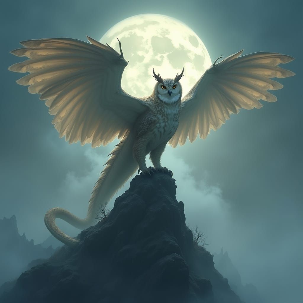 Mystical Owl Dragon Hybrid in Dreamlike Landscape