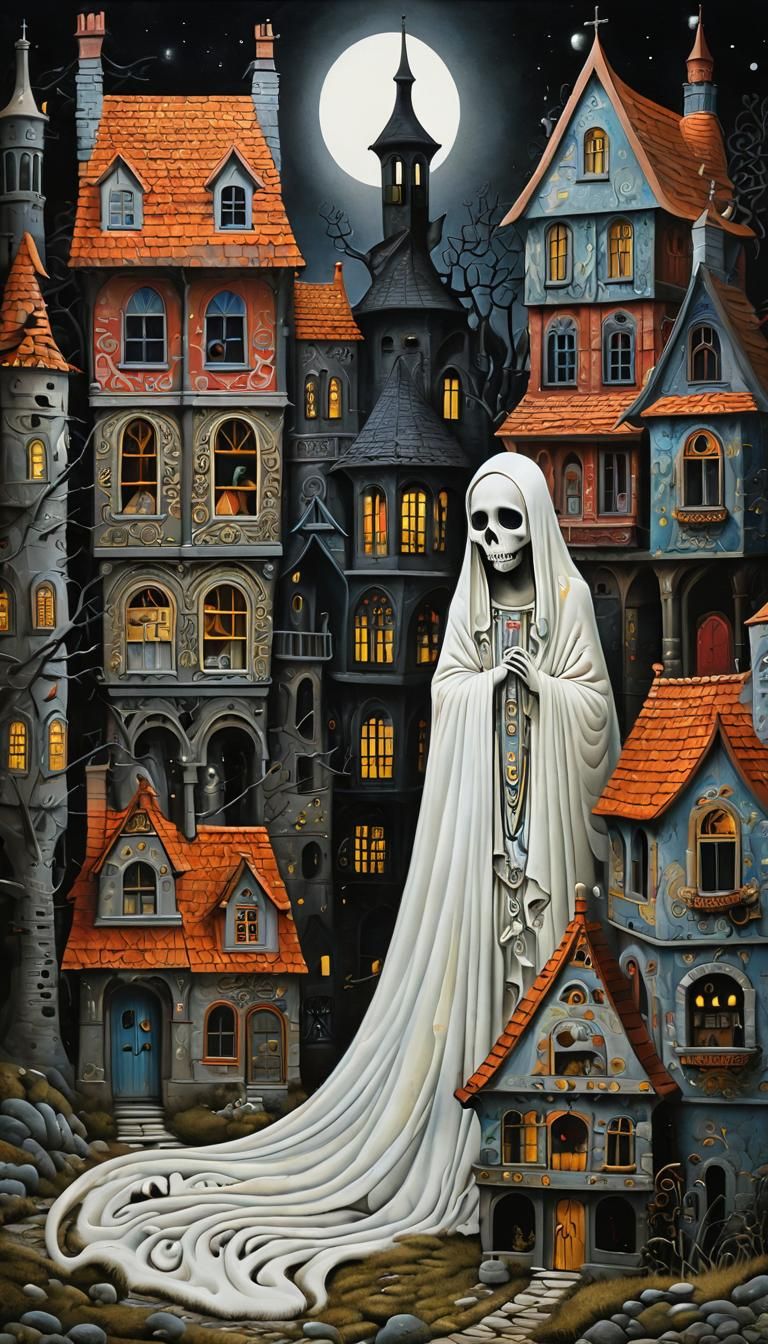 Mysterious Ghostly Figure in a Charming Village Scene