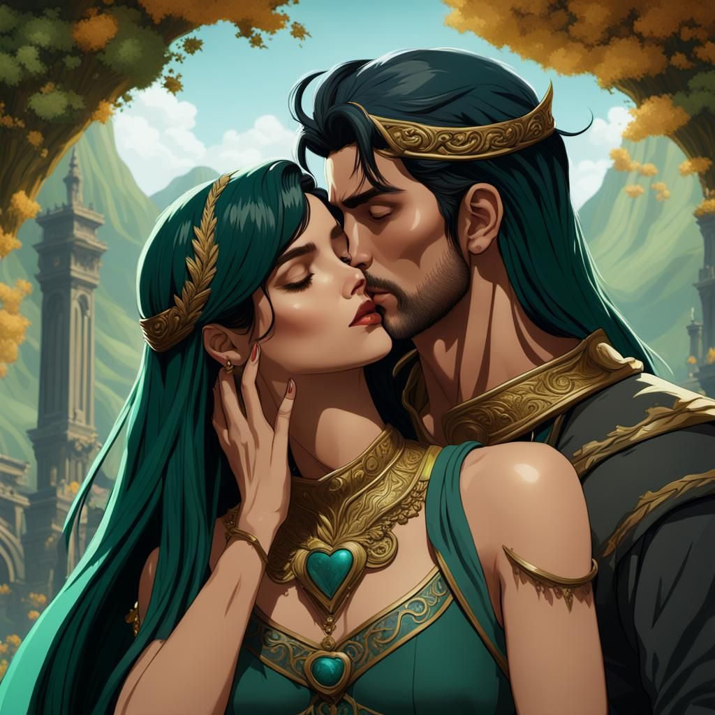 Woman Kissing Soulmate: Detailed Fantasy Painting