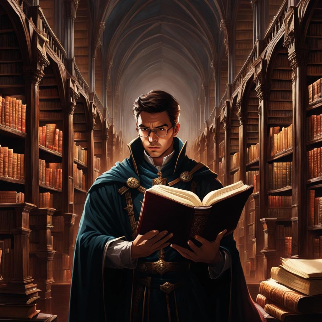 Disturbed Cleric Reads Book in Library