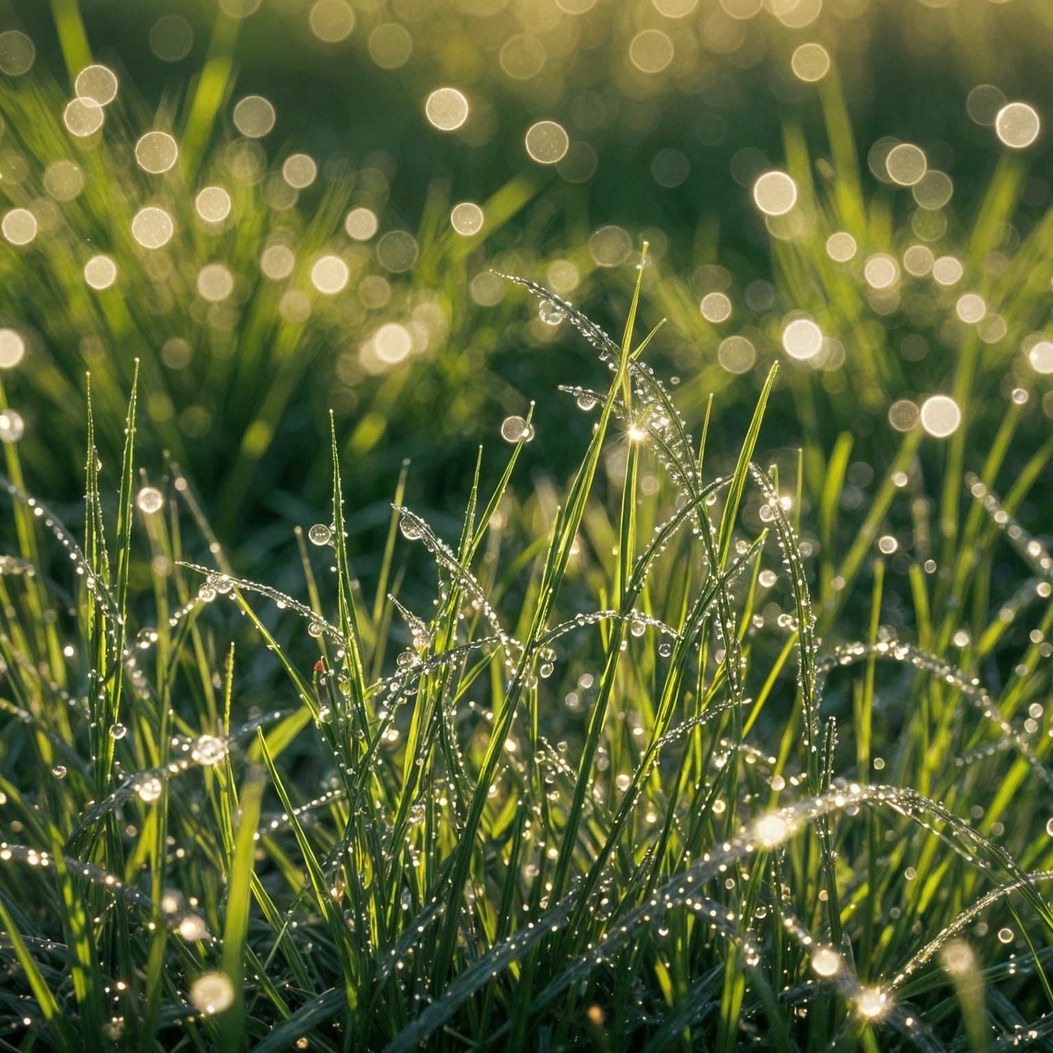 Dew Drops on Grass in Morning Sunlight