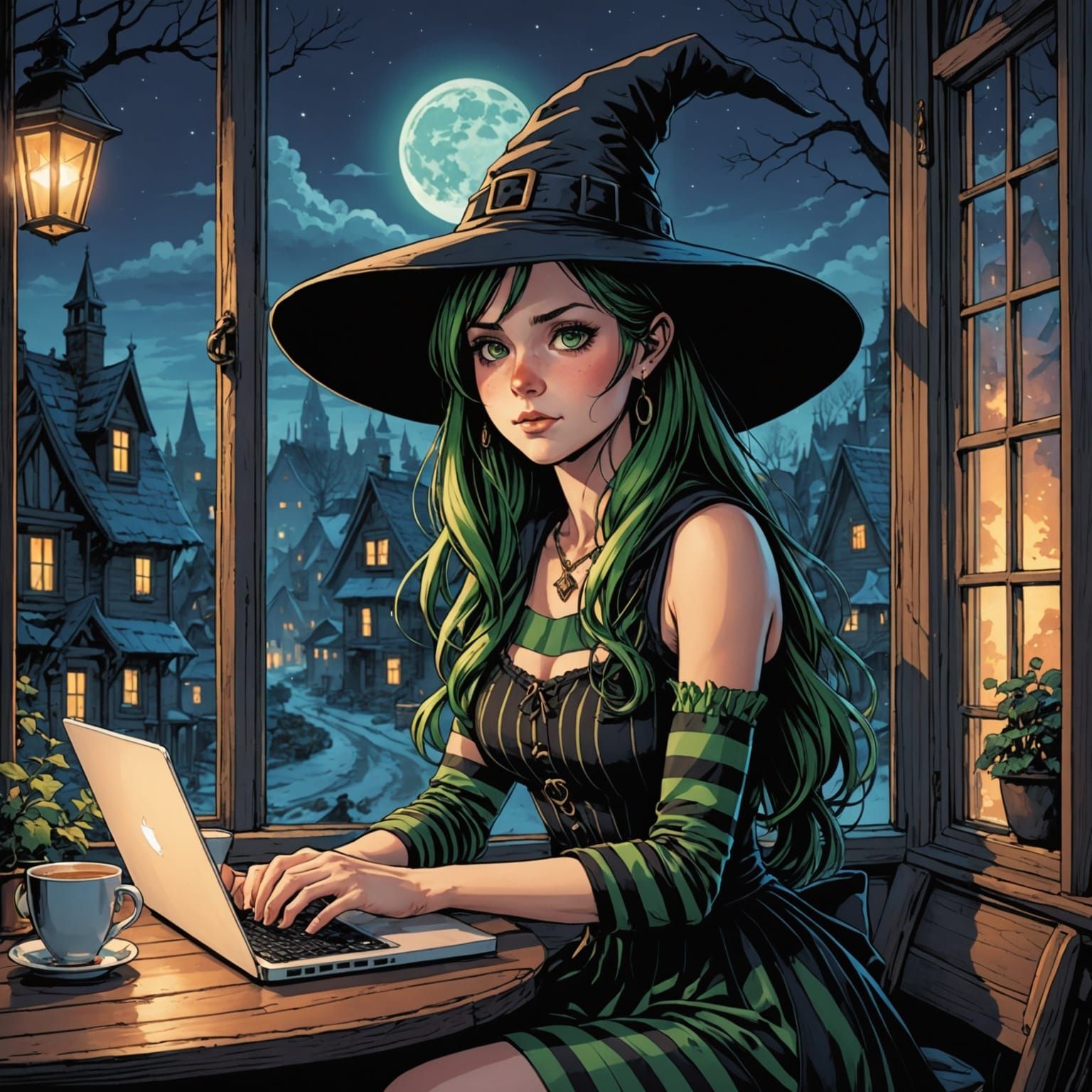 Young Witch Sits on Windowsill, Surrounded by Winter Night