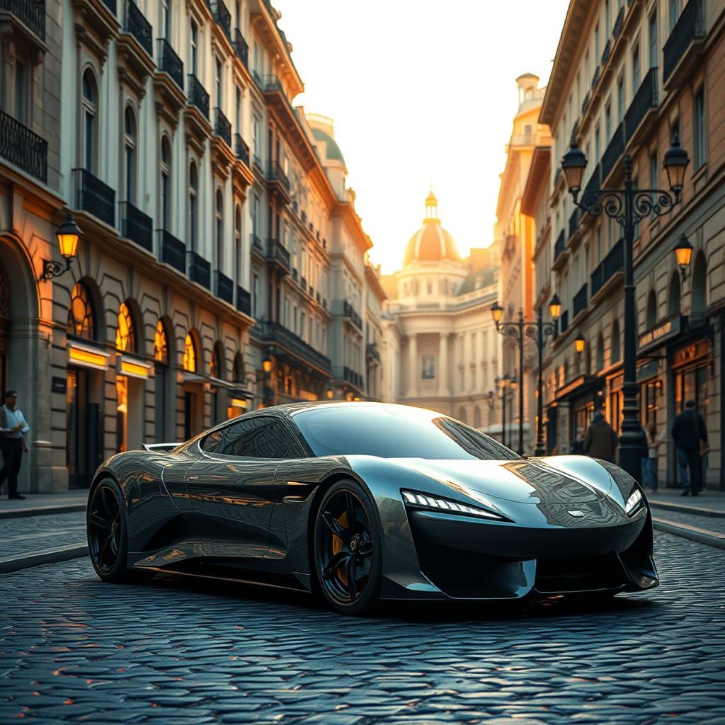 Luxury Car in Prestigious European City at Golden Hour