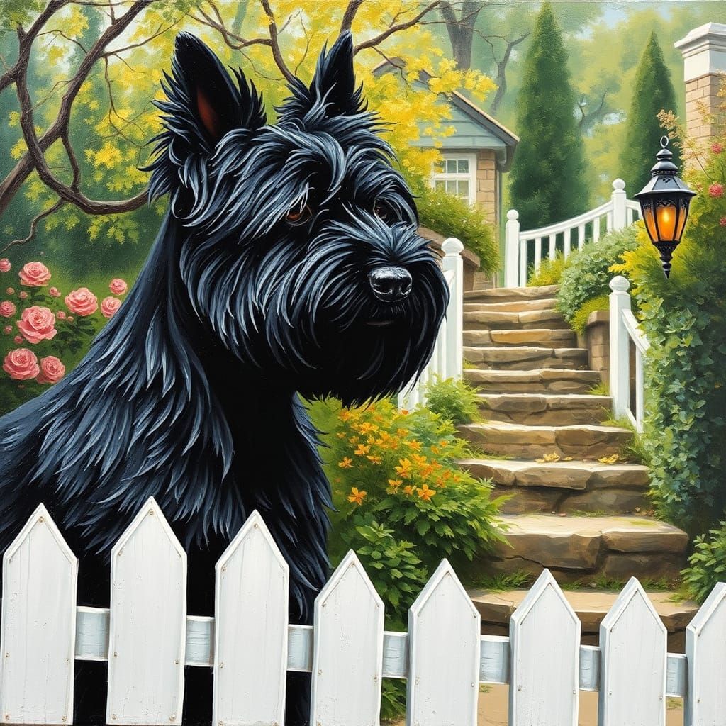 black Terrier Dog, garden white picket fence, art by arthur ...