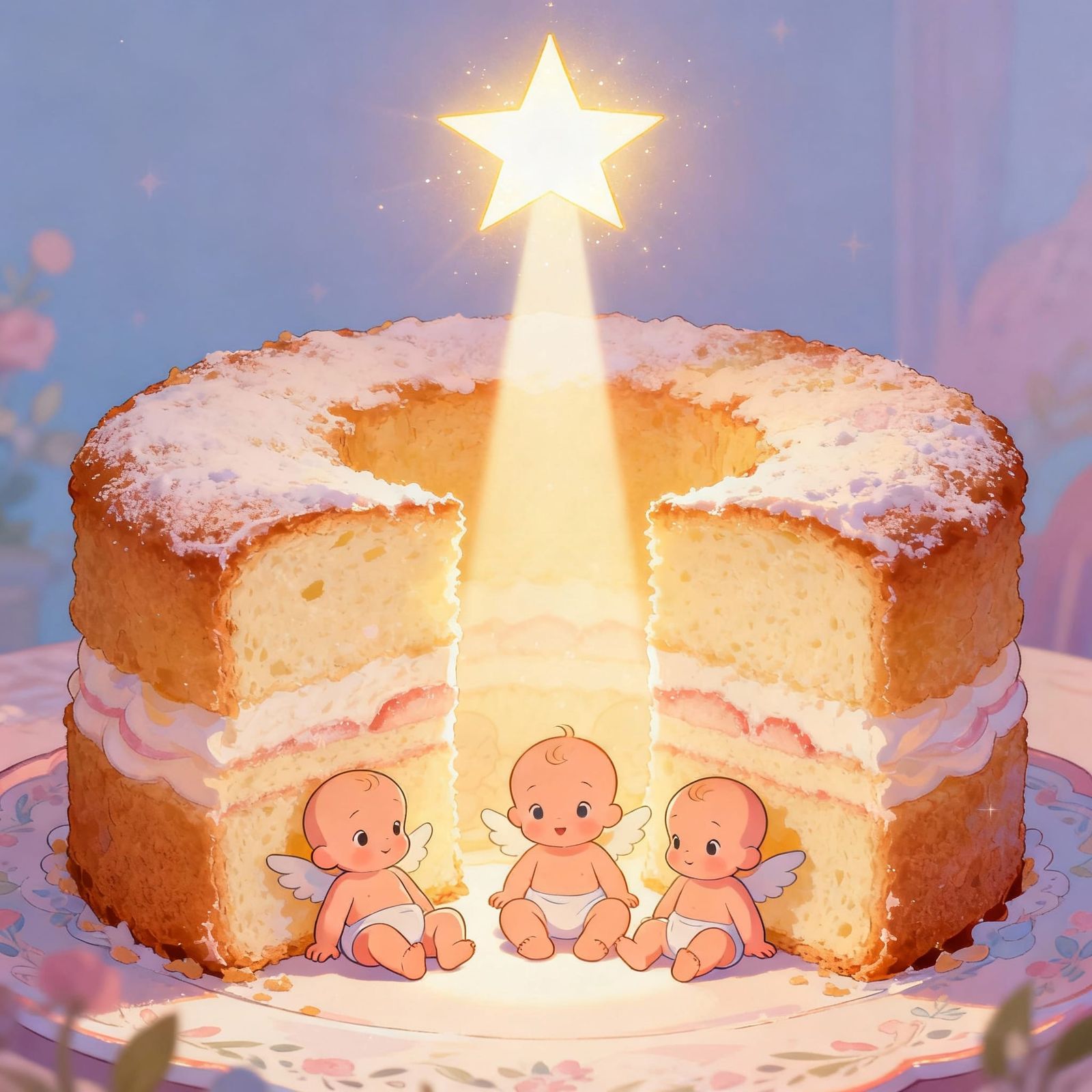 Whimsical Angel Food Cake with Baby Figures and Shining Star