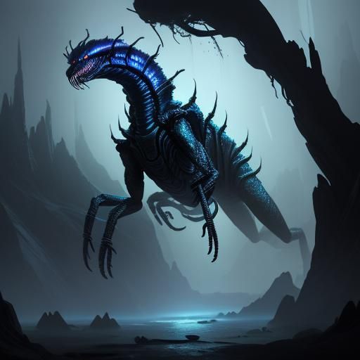 Spider-Snake Hybrid Emerges from Cave in Sci-Fi Art