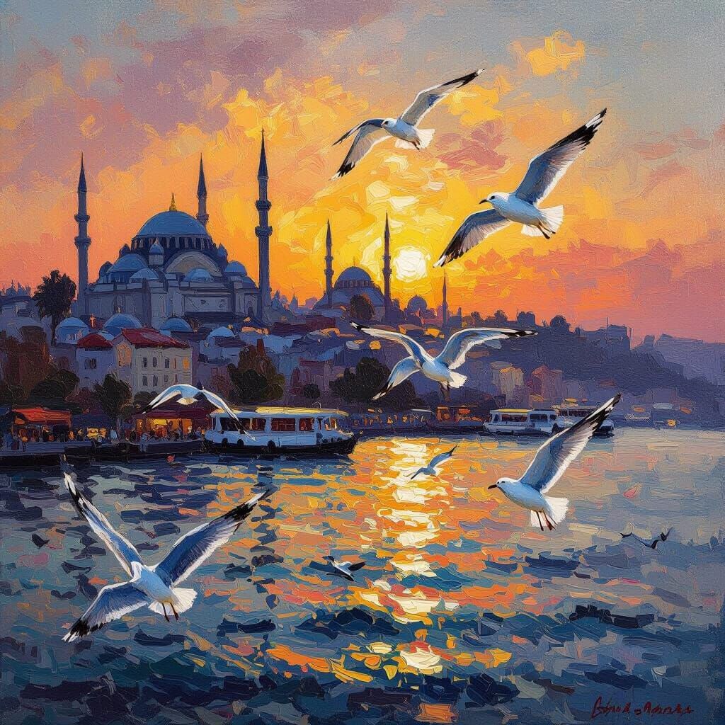 Impressionist Oil Painting of Seagulls Over Bosphorus at Sun...