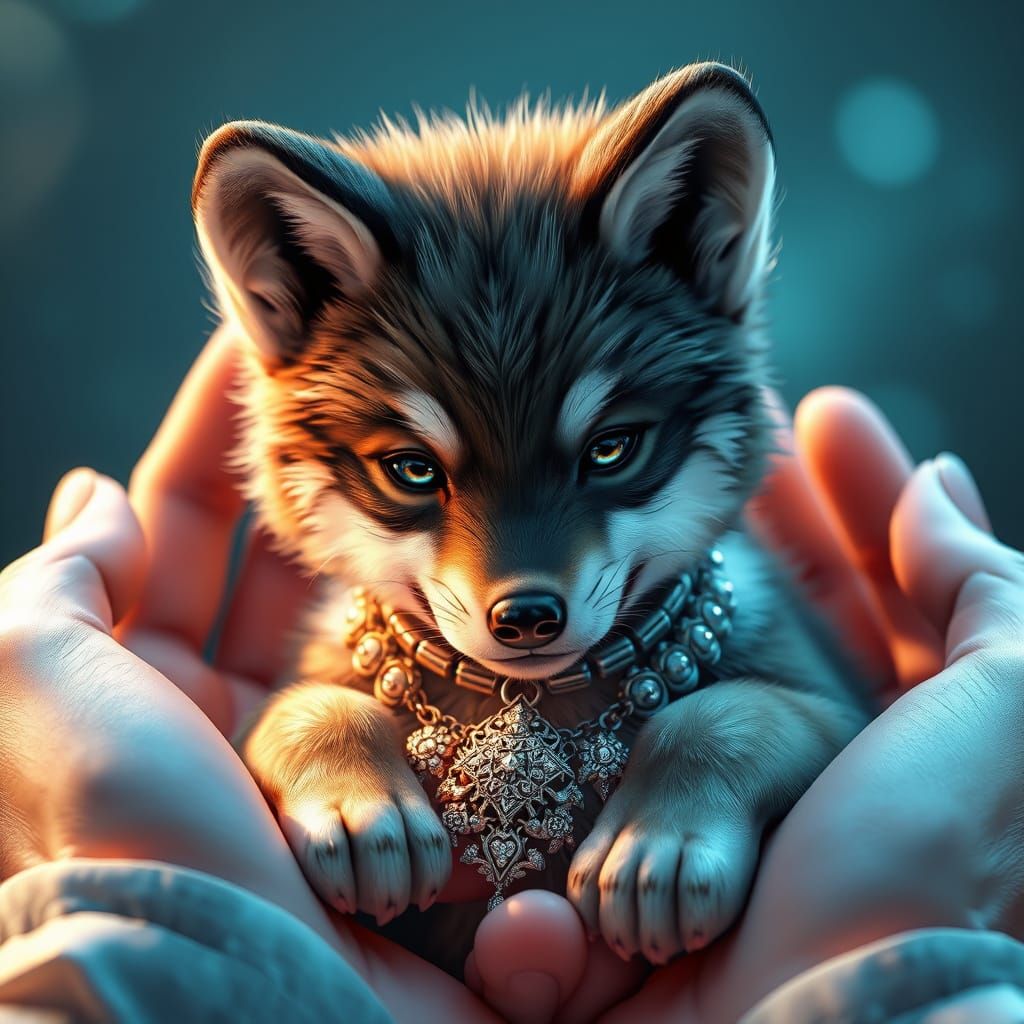 Wolf Pup with Necklace in Anime Style