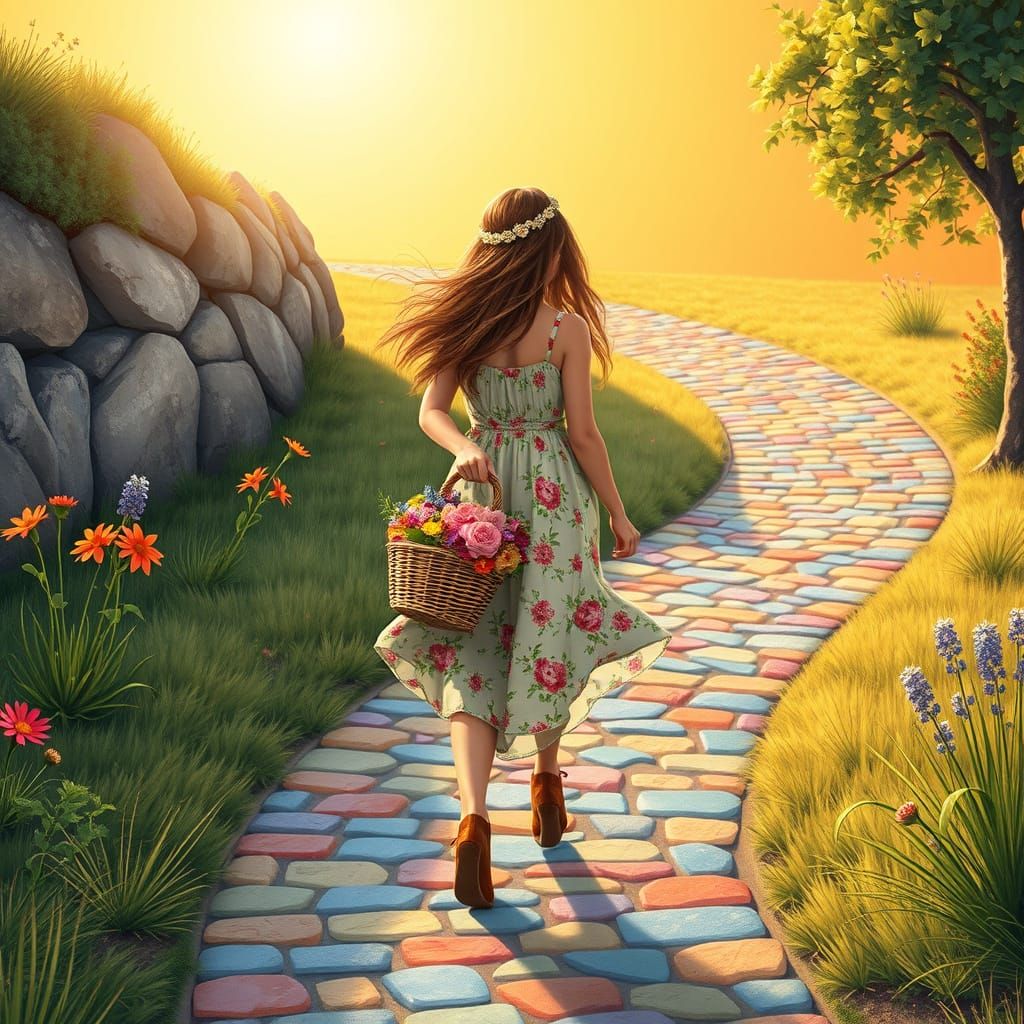 Woman on Mosaic Path in Storybook Illustration Style