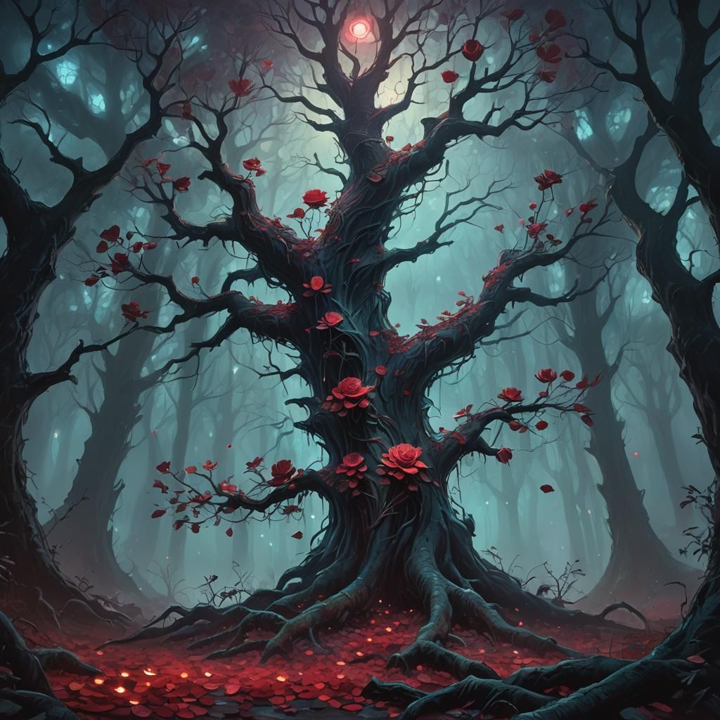 Mystical Forest Path of Rose Petals in Oil Painting