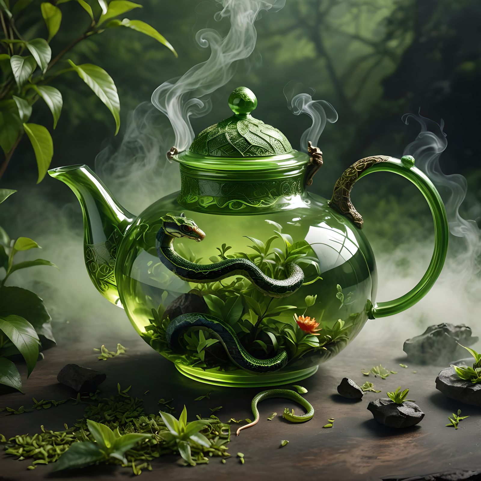 Crystal Teapot with Snake in Green Tea