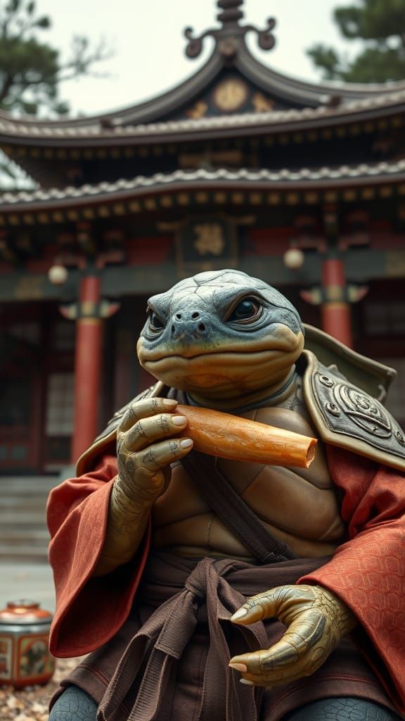 Samurai Turtle Eats Suyi: Hyperrealistic Digital Art