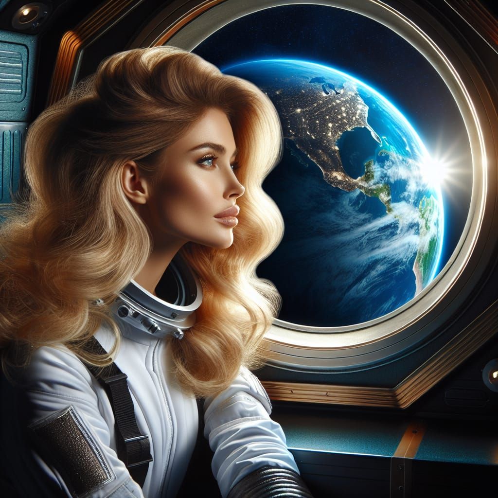 Glamorous Astronaut Contemplates Earth's Beauty