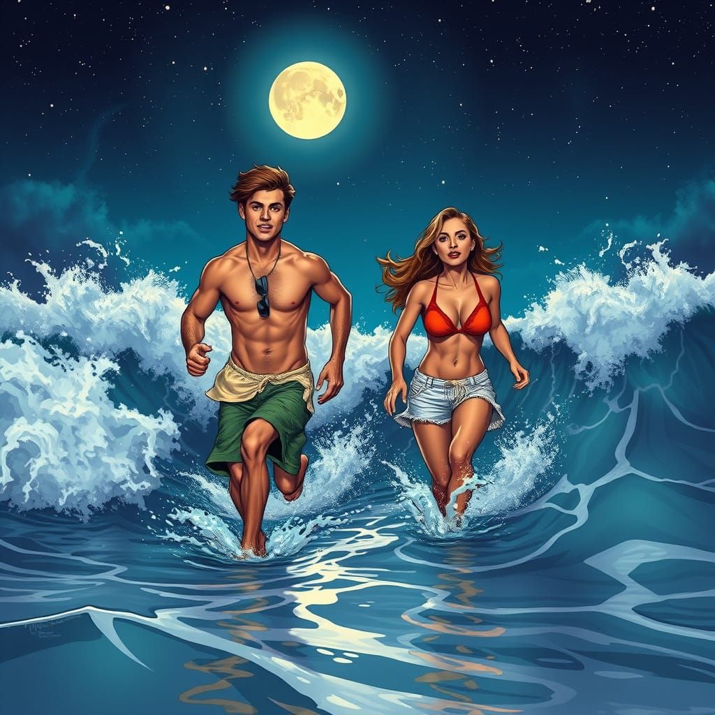 Couple Running into Ocean Waves at Night