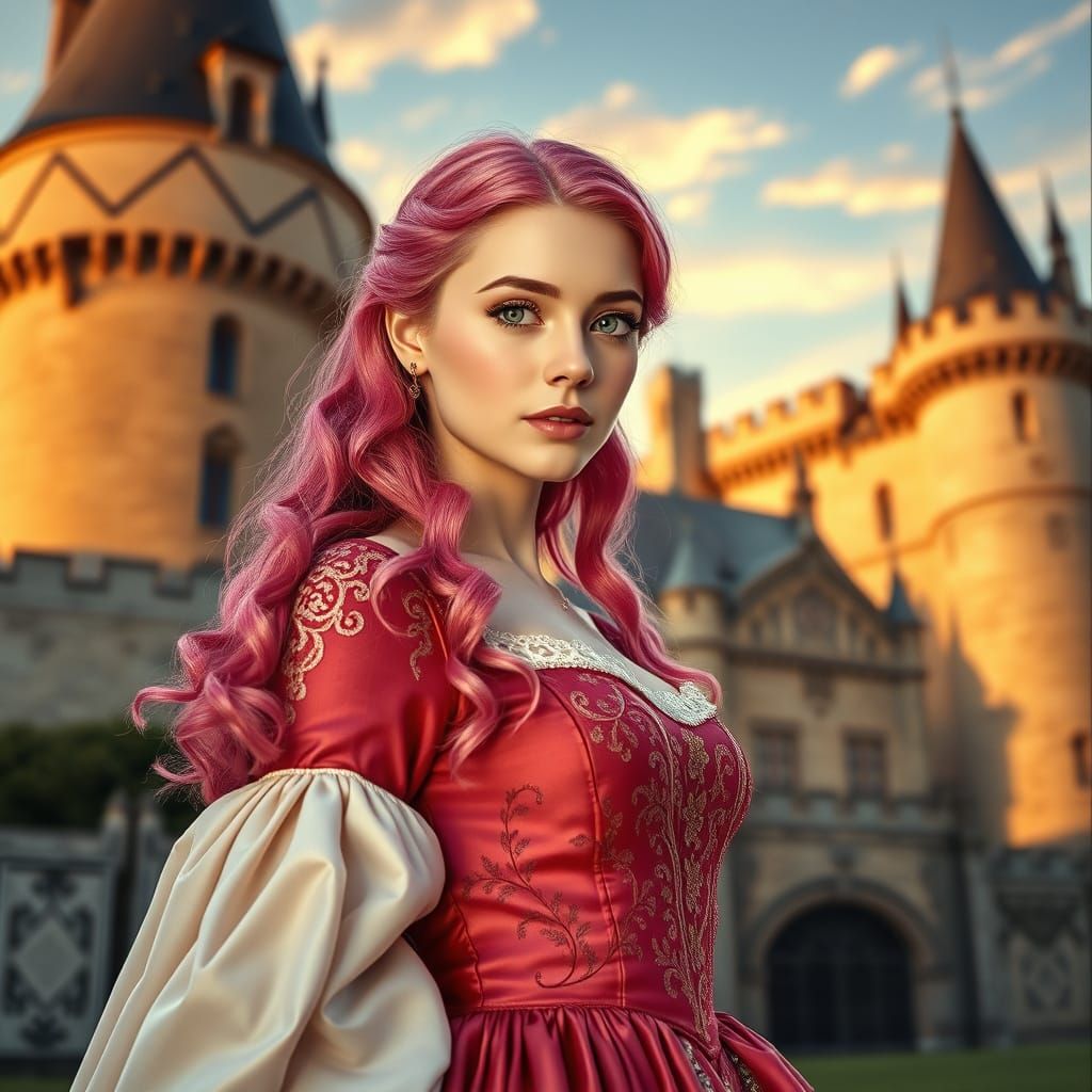 Medieval Maiden in Pink Hair and Amber Green Eyes, French Ca...