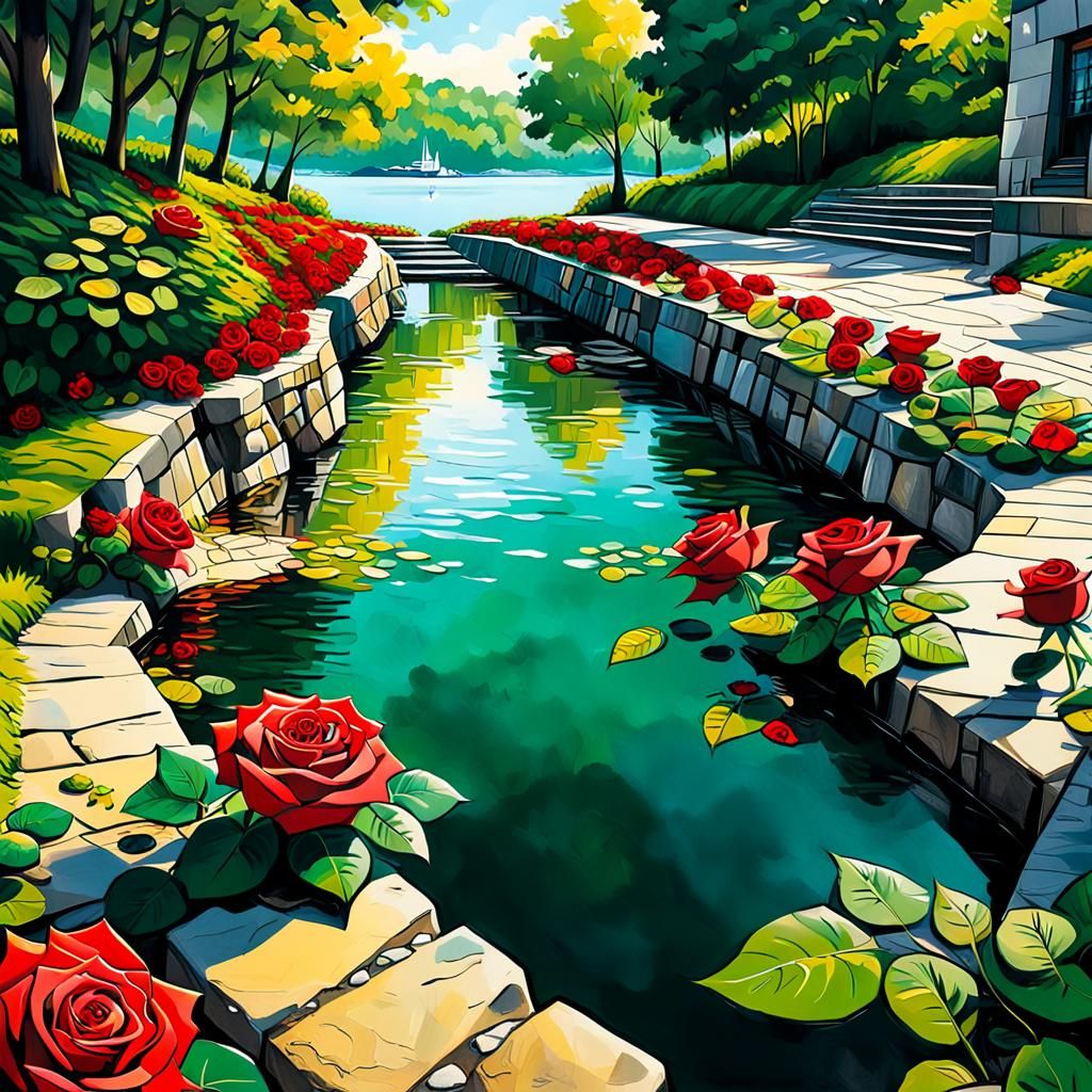 Vibrant Street Art: Red Roses on Stone Path