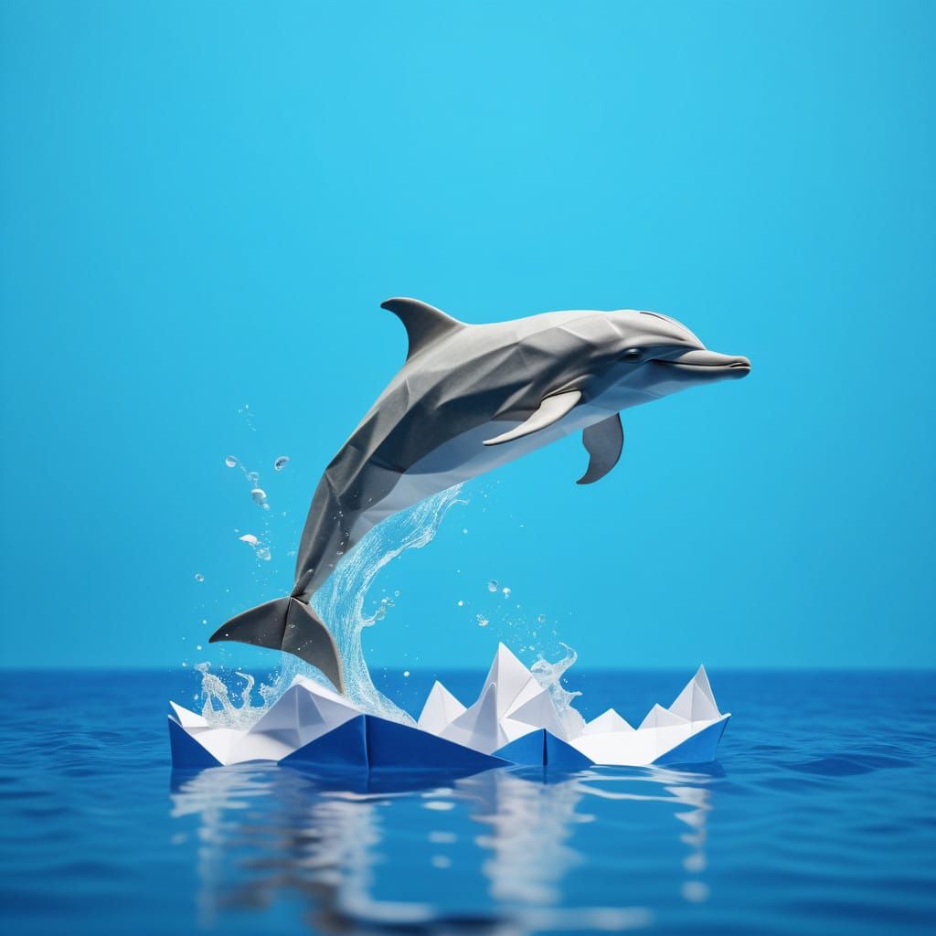 Dolphin Leaping from Ocean Waves in Whimsical Origami Style